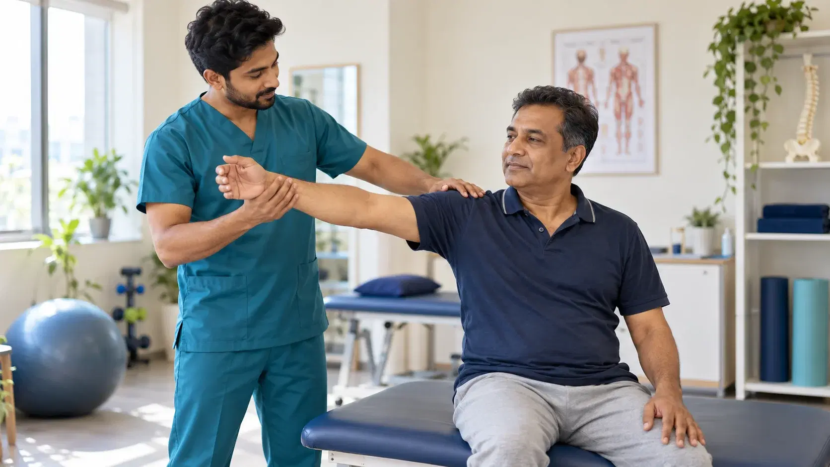 A physiotherapist assisting an adult patient with a seated arm exercise in a bright treatment room