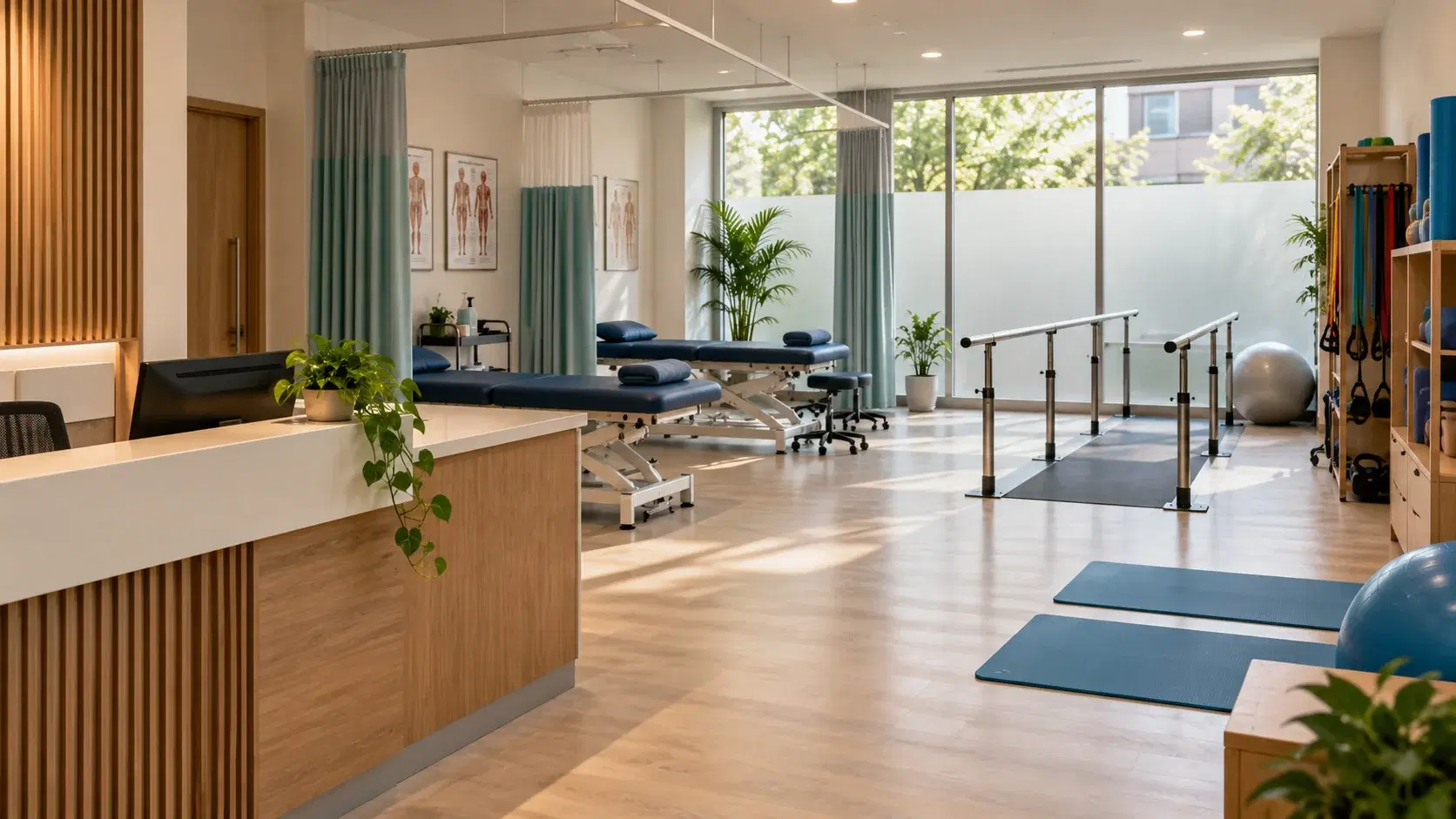 A welcoming physiotherapy centre with reception, treatment tables and rehabilitation equipment