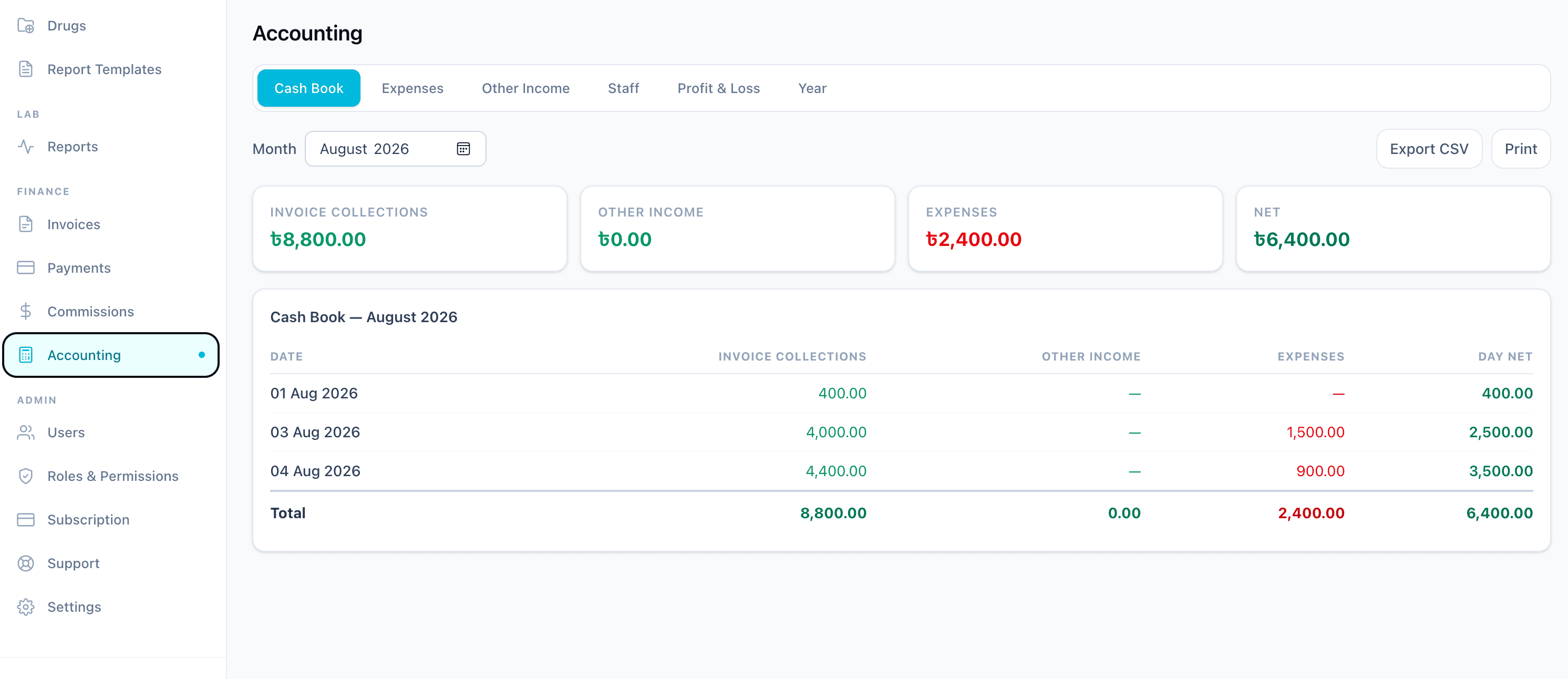 SihatSuite accounting cash book showing invoice collections, other income, expenses and monthly net balance