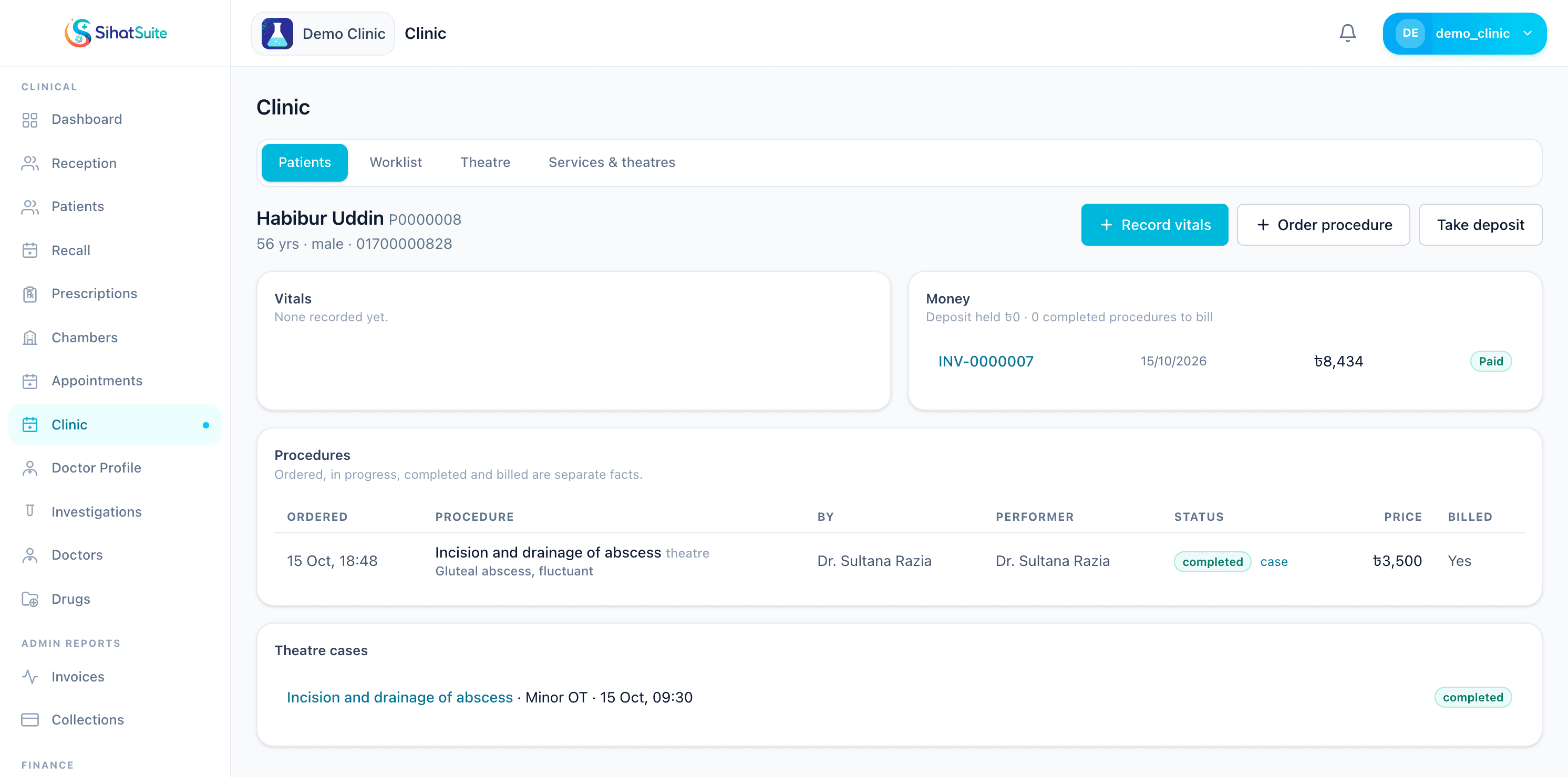 SihatSuite clinic patient page with the vitals card, deposit held and invoices, the procedures ordered, completed and billed, and the theatre case