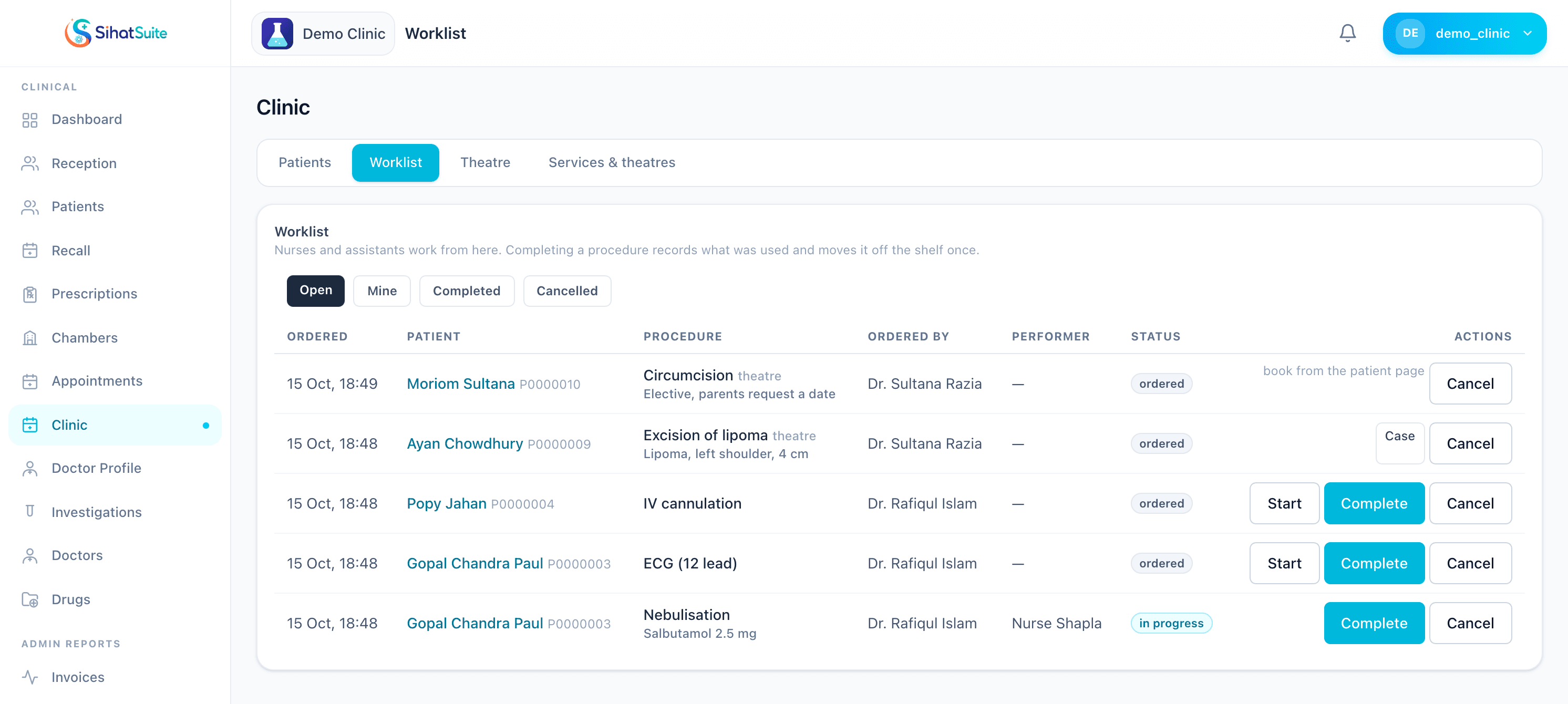 SihatSuite procedure worklist with orders ordered and in progress, the patient, the ordering doctor, the performer, and Start, Complete and Cancel actions
