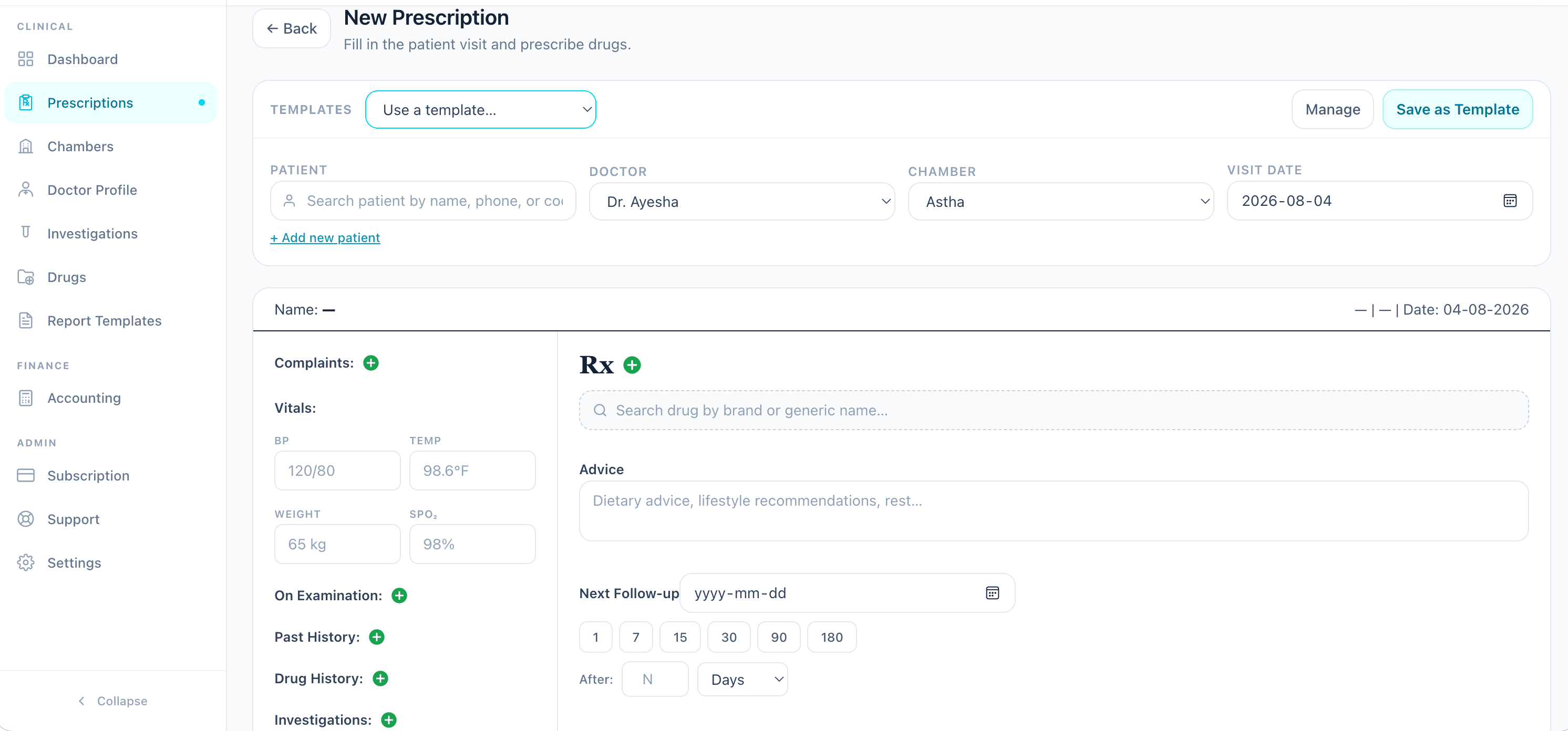 SihatSuite doctor's prescription screen with patient, chamber, complaints, vitals, medicines, advice and follow-up in one view