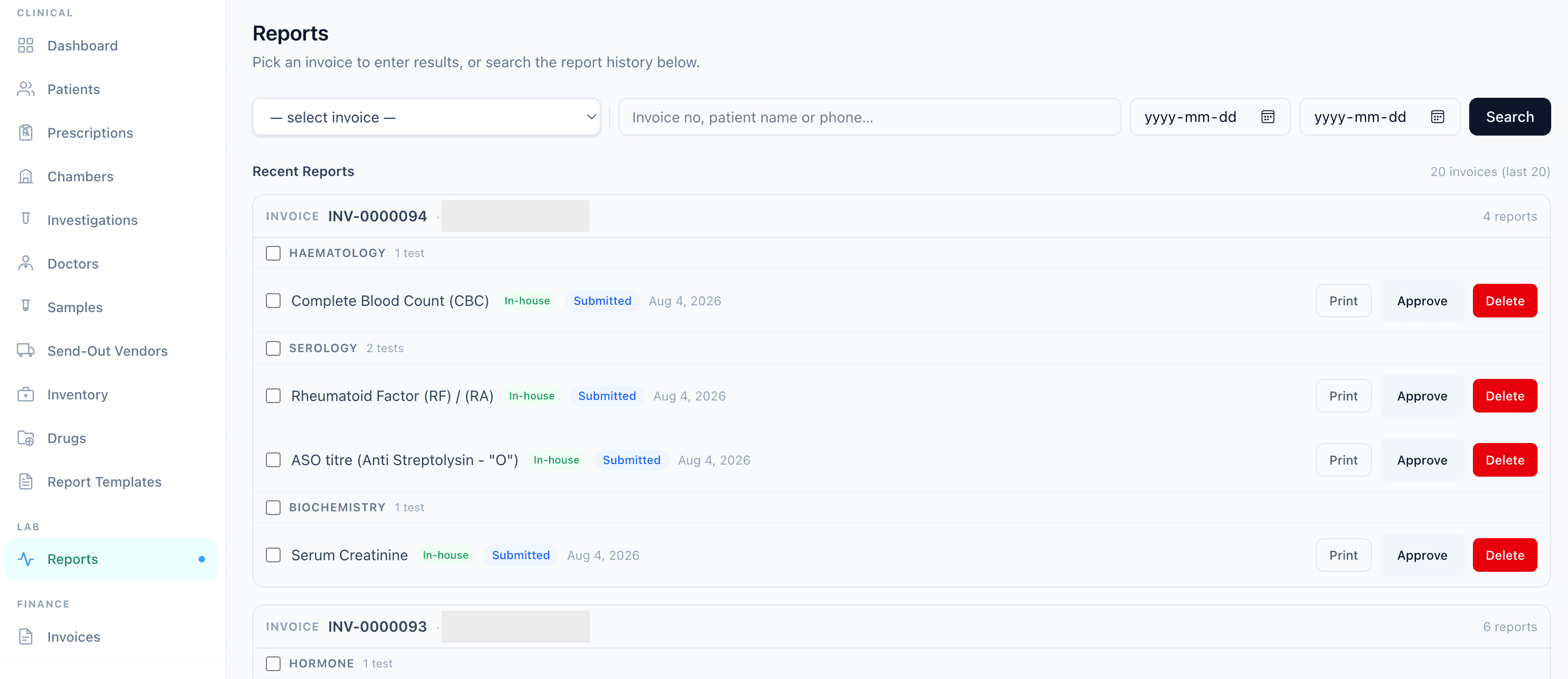 SihatSuite reports screen grouping multiple pathology reports by invoice for approval and batch printing