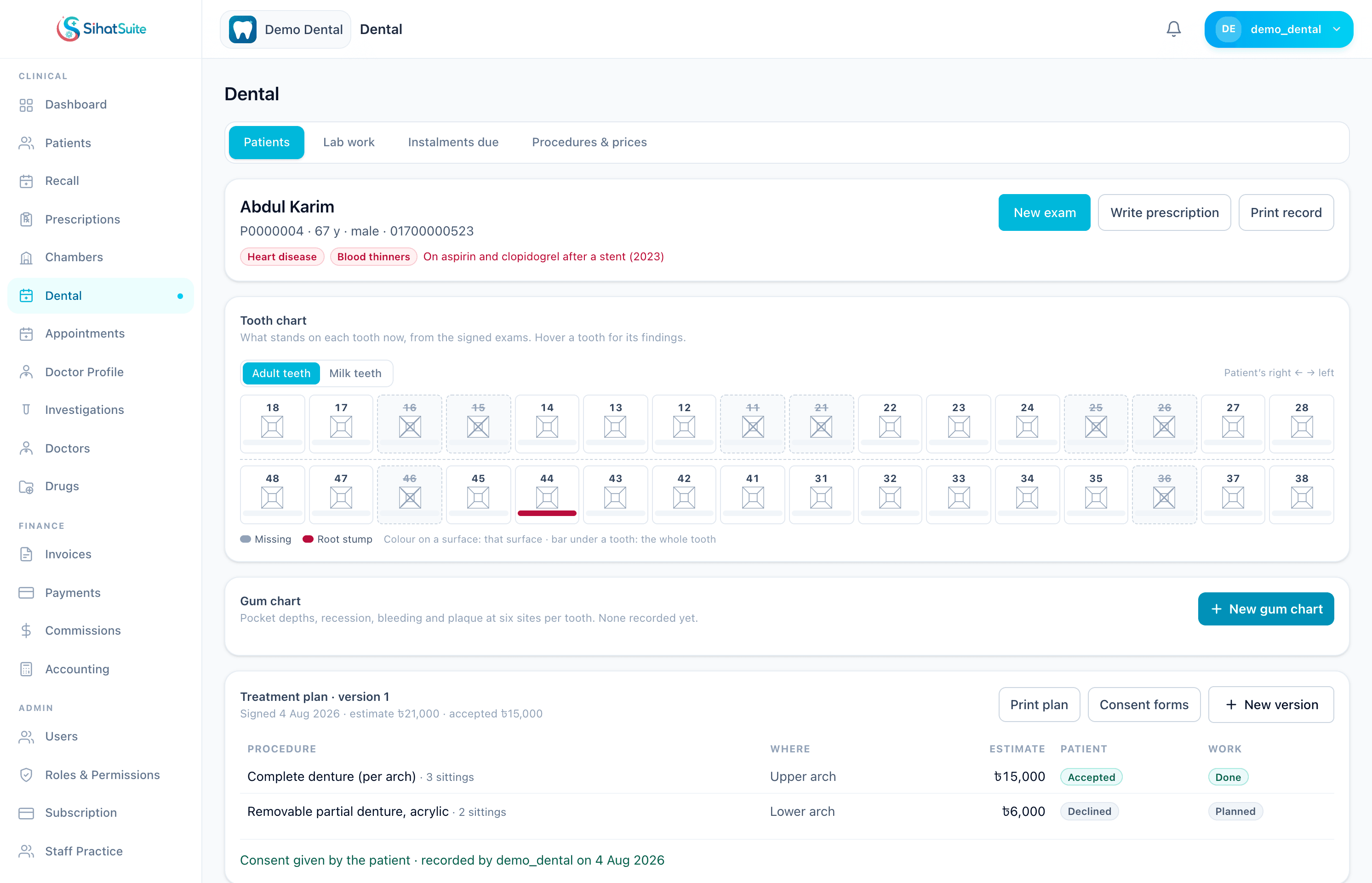 SihatSuite dental patient page with medical alerts, an FDI tooth chart showing missing teeth and a root stump, and a treatment plan with accepted and declined lines and recorded consent
