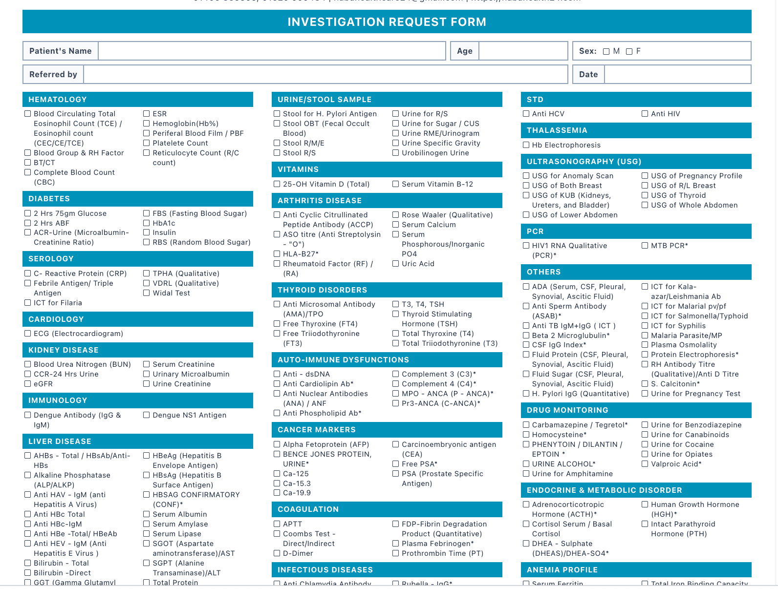 Printable SihatSuite investigation request form containing tests organized across 23 diagnostic departments