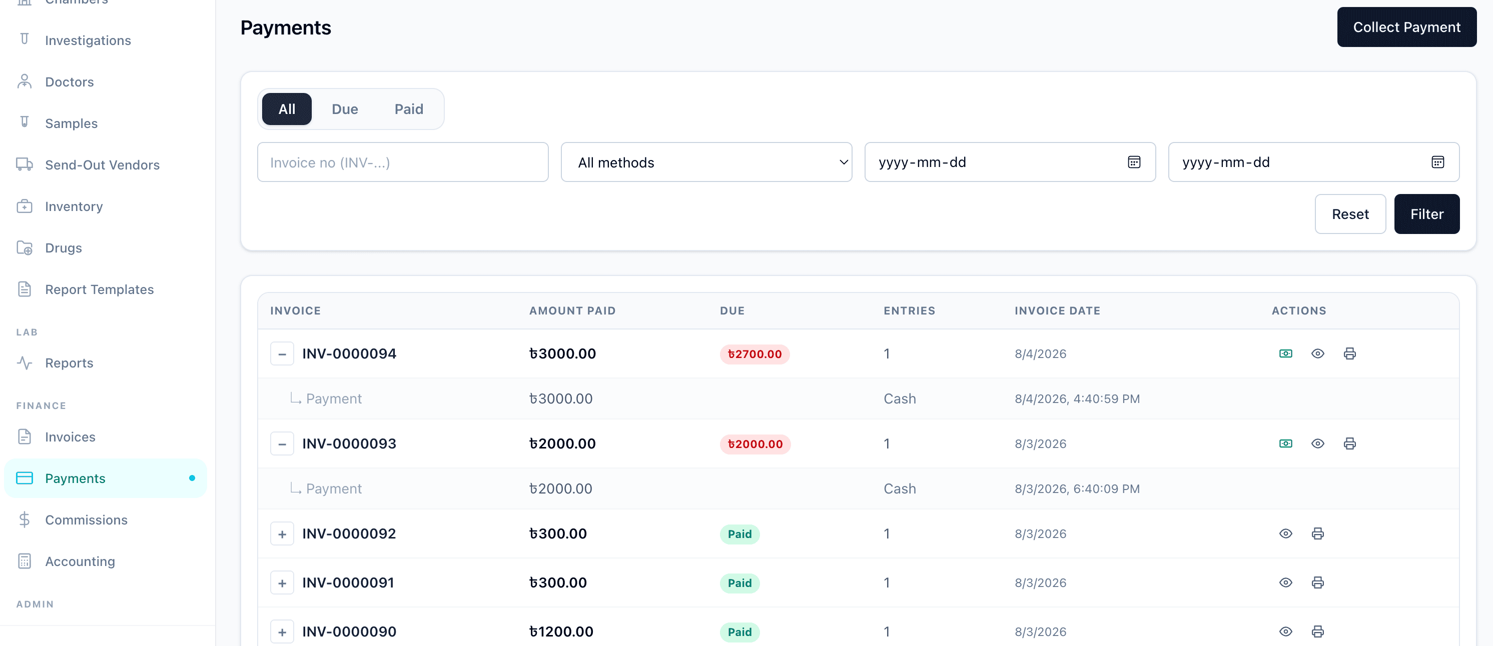 SihatSuite payment register showing paid amounts, outstanding dues, payment methods and invoice history
