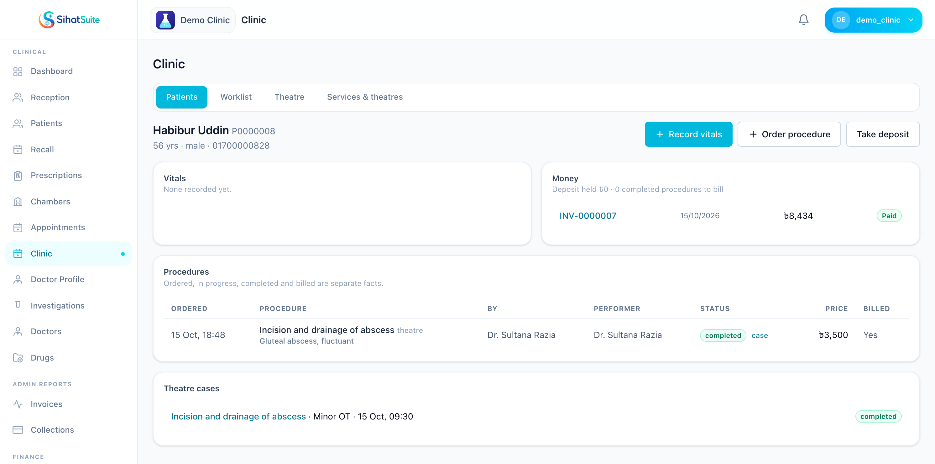 A patient's clinic page in SihatSuite with today's serial, vitals, ordered procedures, a theatre case and the next step at the top